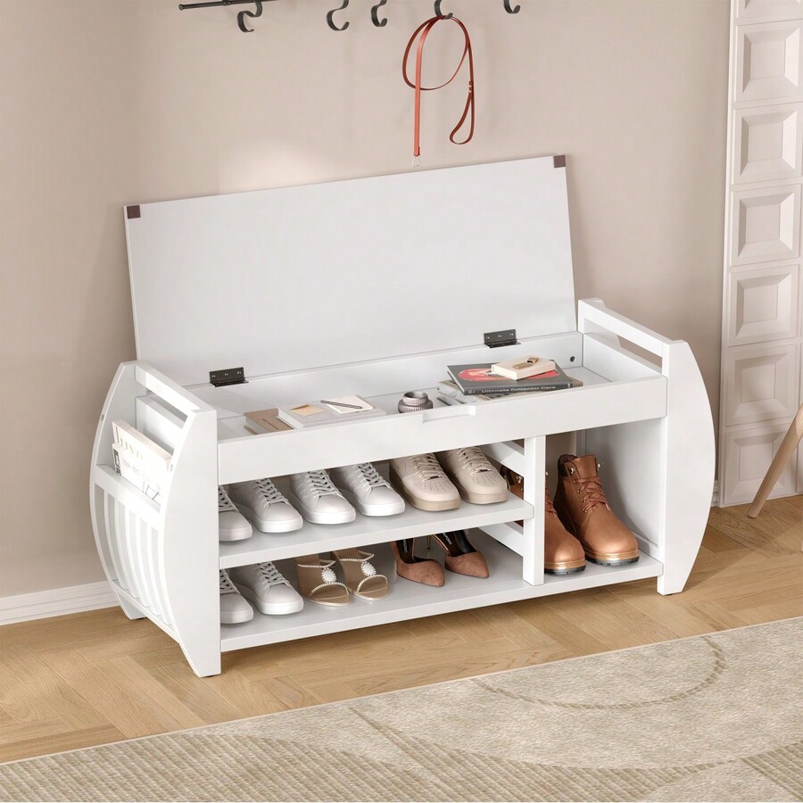 Retro Multifunctional Storage Bench With Cushion And Curved Side Panel