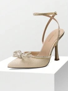 Women's Rhinestone Bow High Heels Ankle Strap Pumps Closed Toe Strappy Heels Sexy Fashionable Wedding Bridal Party Dress Shoes - Vàng - Xem 7