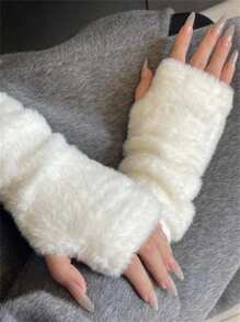 1 双女士优雅柔软毛绒半指手套，保暖袖口内衬，露出手指，适合秋冬季 - A - 查看 4
