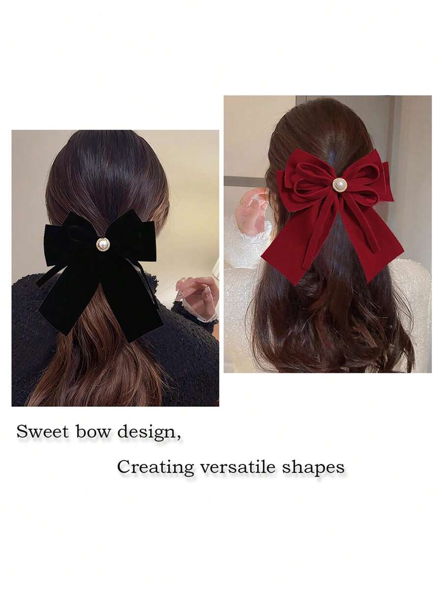 1pc Pearl Bow Ribbon Hairclip For Women, Daily Half Bun Hairstyle
