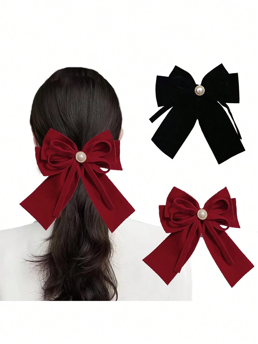 1pc Pearl Bow Ribbon Hairclip For Women, Daily Half Bun Hairstyle