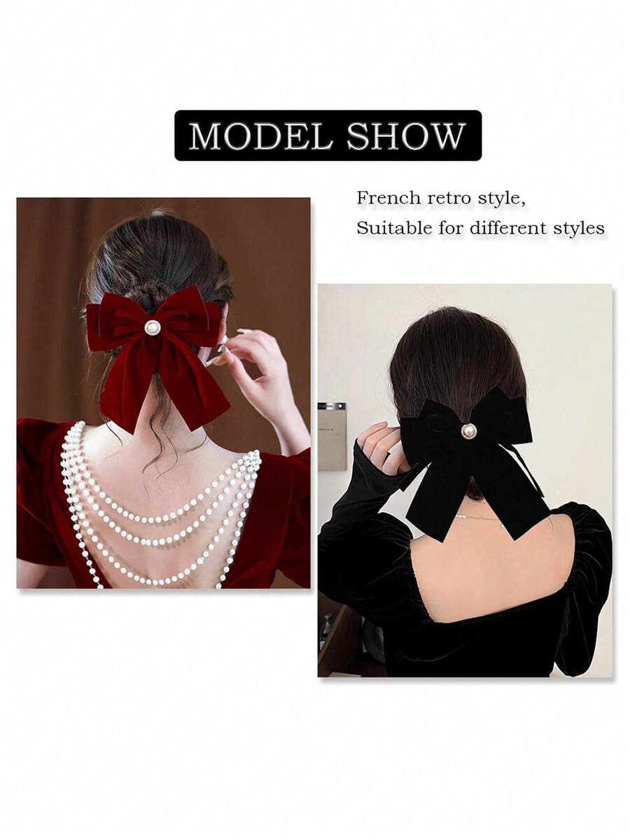 1pc Pearl Bow Ribbon Hairclip For Women, Daily Half Bun Hairstyle