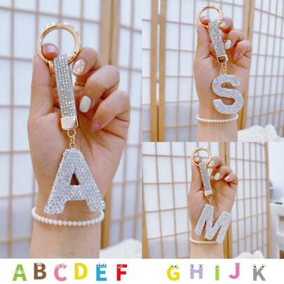 1pc Diamond Embellished Lucky Letter Keychain Car Key Chain With Crystal, Bling Key Fob