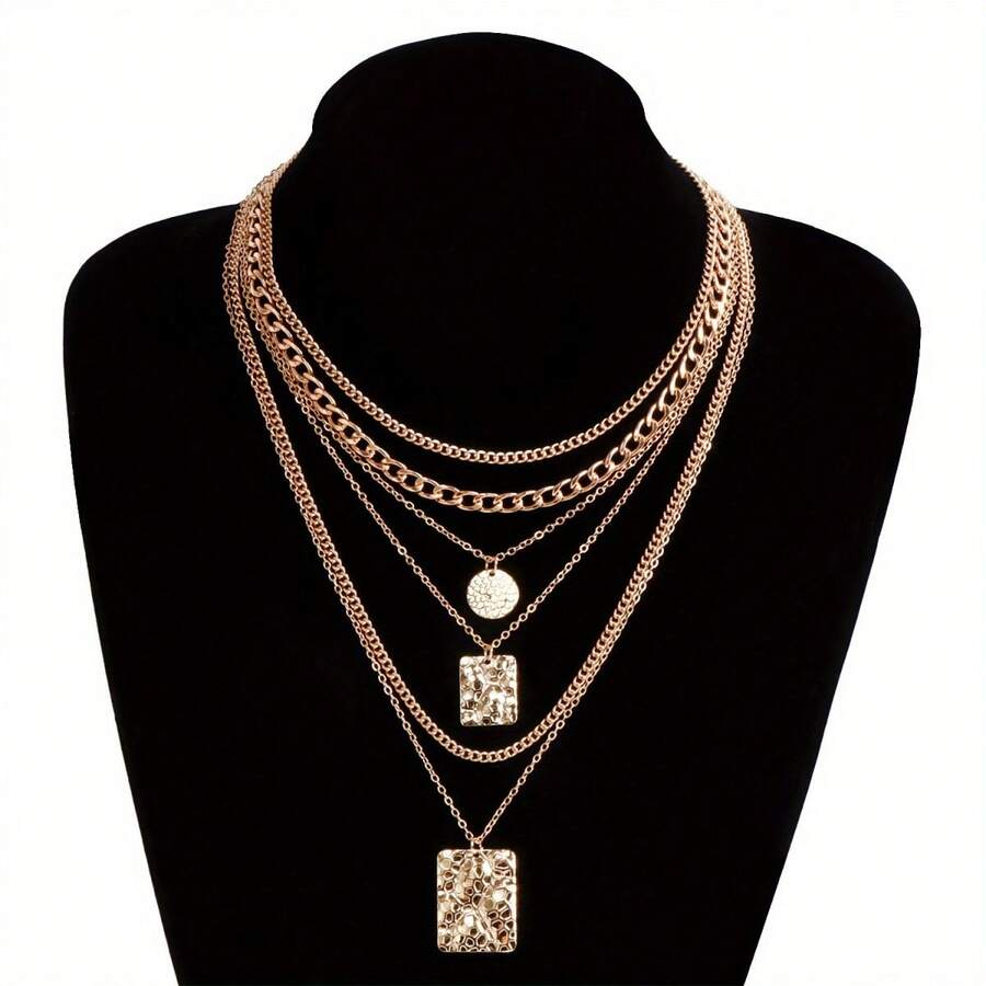 6PCS欧美跨境饰品ins小众金属链条叠加项圈甜美酷炫蛇皮几何吊坠项链6件套 - 彩色 - 查看 1