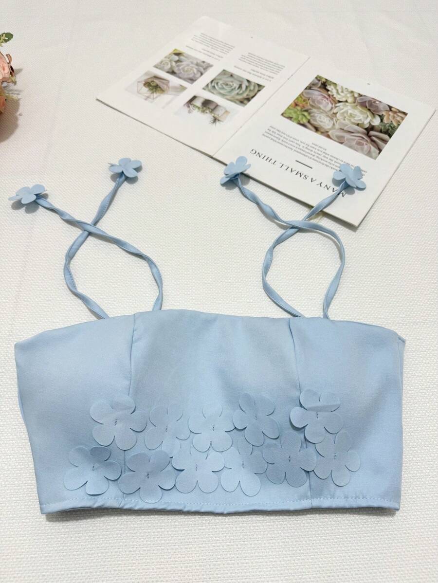 Elegant Crop Top With Petals - 藍色 - 查看 1