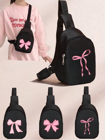1st En mängd bröstväskor med rosetttryck, svarta tvärkroppsväskor, dragkedja, lämplig för daglig förvaring, resor och lek, gåvor till skolan i början av skolsäsongen, väskor med stor kapacitet. Dragkedja Slumpmässigt