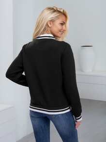 Women's Lightweight Baseball Jacket - Versatile Stitching Fabric Outerwear With Multi-Fabric Options And Unique Patterns - BLACK+WHITE - View 3