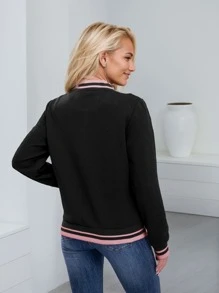 Women's Lightweight Baseball Jacket - Versatile Stitching Fabric Outerwear With Multi-Fabric Options And Unique Patterns - BLACK+PINK - View 3