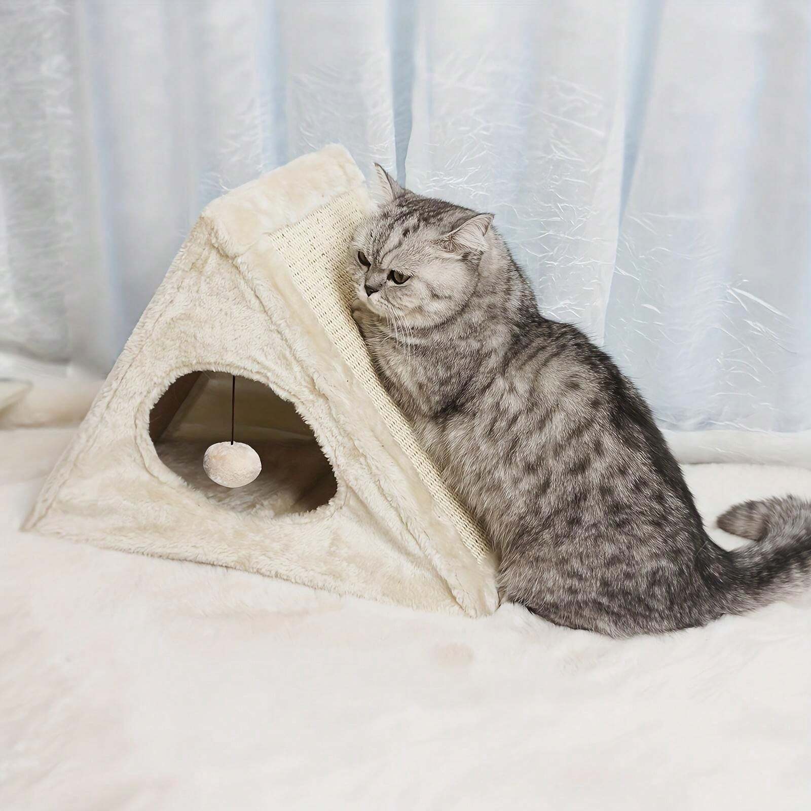 Foldable Triangular Cat Scratching Board Plush Cat Bed Tent Cat Self
