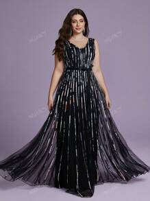 Vestido de festa plus size com decote em V, sem mangas, drapeado, longo, de alta qualidade, para festa, convidado de casamento, vestido formal