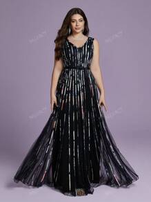 Vestido de festa plus size com decote em V, sem mangas, drapeado, longo, de alta qualidade, para festa, convidado de casamento, vestido formal
