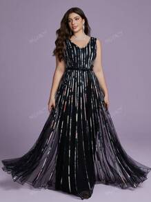 Vestido de festa plus size com decote em V, sem mangas, drapeado, longo, de alta qualidade, para festa, convidado de casamento, vestido formal