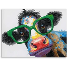 Framed Cow Print Bathroom Farmhouse Decor: Colorful Curious Cow With Large Green Glasses Canvas Wall Art Farm Animal Painting Kids Room Decor Picture For Bedroom Kitchen - Framed - View 1