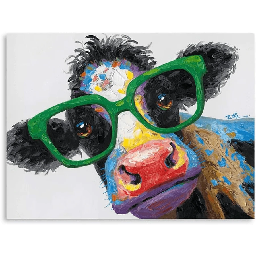 Framed Cow Print Bathroom Farmhouse Decor: Colorful Curious Cow With Large Green Glasses Canvas Wall Art Farm Animal Painting Kids Room Decor Picture For Bedroom Kitchen - Framed - View 1