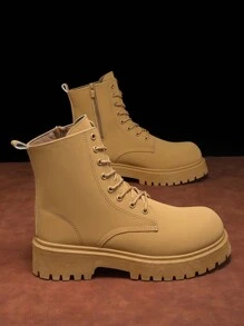 Men's Autumn/Winter New High-Top Black Leather Shoes, Boots, Fashion Thick-Soled Round Toe Ankle Boots With Thermal Lined, Suggest Order One Size Up