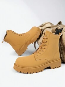 Men's Autumn/Winter New High-Top Black Leather Shoes, Boots, Fashion Thick-Soled Round Toe Ankle Boots With Thermal Lined, Suggest Order One Size Up