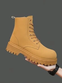 Men's Autumn/Winter New High-Top Black Leather Shoes, Boots, Fashion Thick-Soled Round Toe Ankle Boots With Thermal Lined, Suggest Order One Size Up