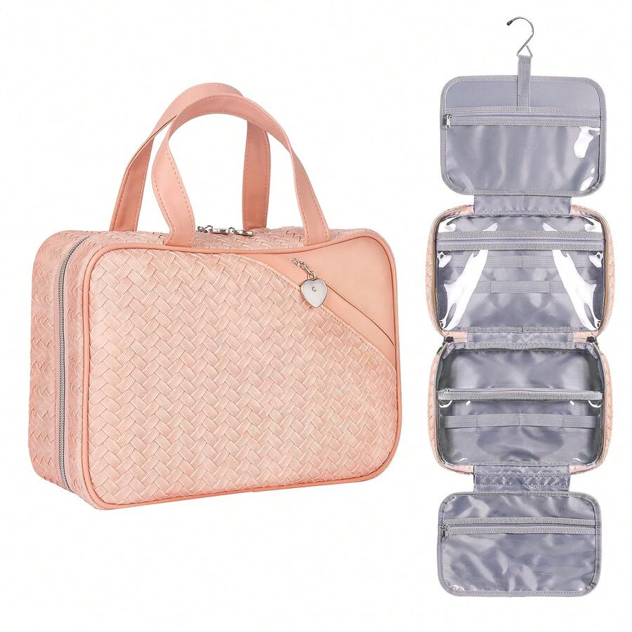 Travel Makeup Bag,Large Capacity Cosmetic Bags For Women,Waterproof Portable Pouch Open Flat Toiletry Bag Make UpOrganizer With Divider And Handle - 盥洗包粉色 - 查看 1