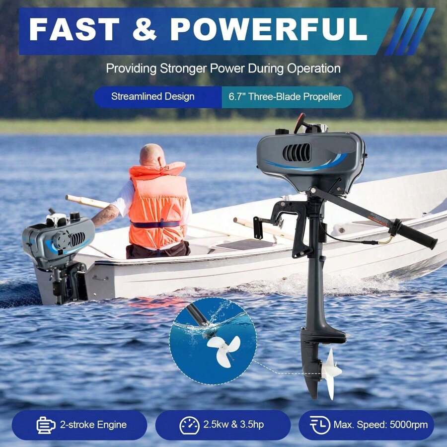 OUKANING Motor fuera de borda de 3.5 caballos de fuerza, 2 tiempos, refrigerado por agua, sistema de enfriamiento por agua, para botes inflables y de pesca - Negro - Ver 1