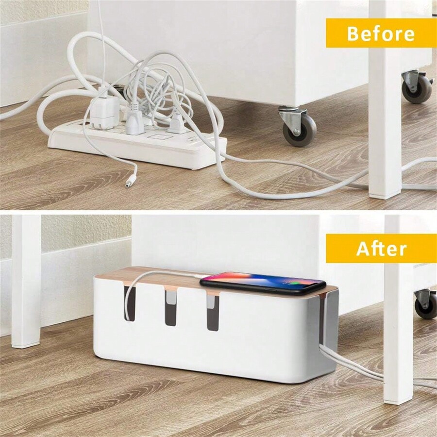 Cable Management Box, Cord Organizer Box With Wood Lid, Cable Organizer