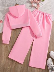 Bộ 2 chiếc/Bộ áo khoác hoodie in chữ màu hồng ngọt ngào cho bé gái tuổi mới lớn và quần ống đứng, dành cho mùa xuân và mùa thu - Hồng - Xem 2