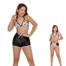 Women's Bikini Kit, Youth Children's Lined Beachwear + Black Transparent Mesh Shorts For Hot Summer - 黑與白 - 查看 4