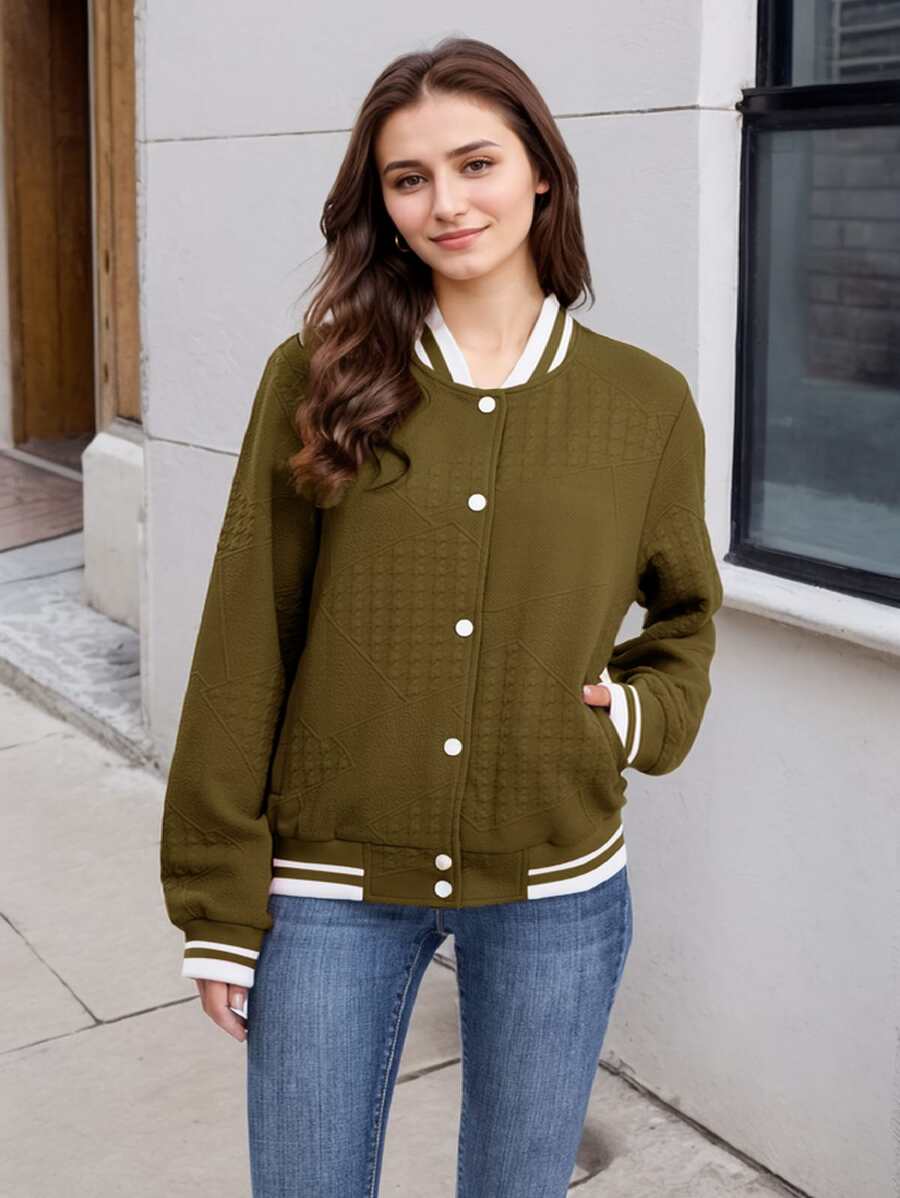 Women's Lightweight Baseball Jacket - Versatile Stitching Fabric Outerwear With Multi-Fabric Options And Unique Patterns - 焦糖 - 查看 1