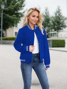 Women's Lightweight Baseball Jacket - Versatile Stitching Fabric Outerwear With Multi-Fabric Options And Unique Patterns - 藍色 - 查看 2