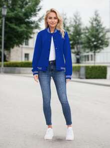 Women's Lightweight Baseball Jacket - Versatile Stitching Fabric Outerwear With Multi-Fabric Options And Unique Patterns - 藍色 - 查看 4