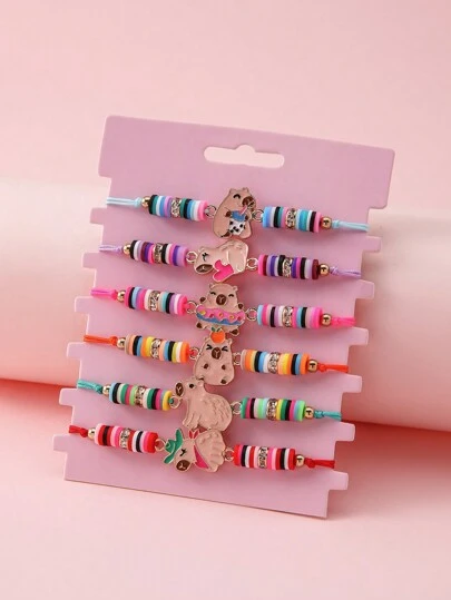 6pcs/Set Cartoon Capybara Alloy & Soft Clay Handmade Adjustable Bracelet For Girls