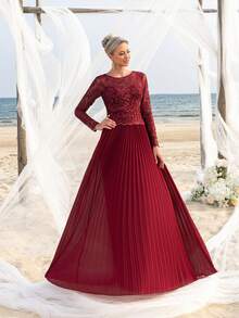 Faeriesty Mosy Long Sleeve Lace Connect Chiffon Pleated Hem Mother Of The Bride Party Dress - Burgundy - View 7