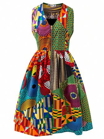 非洲安卡拉印花拉链无袖中长连衣裙随机印花