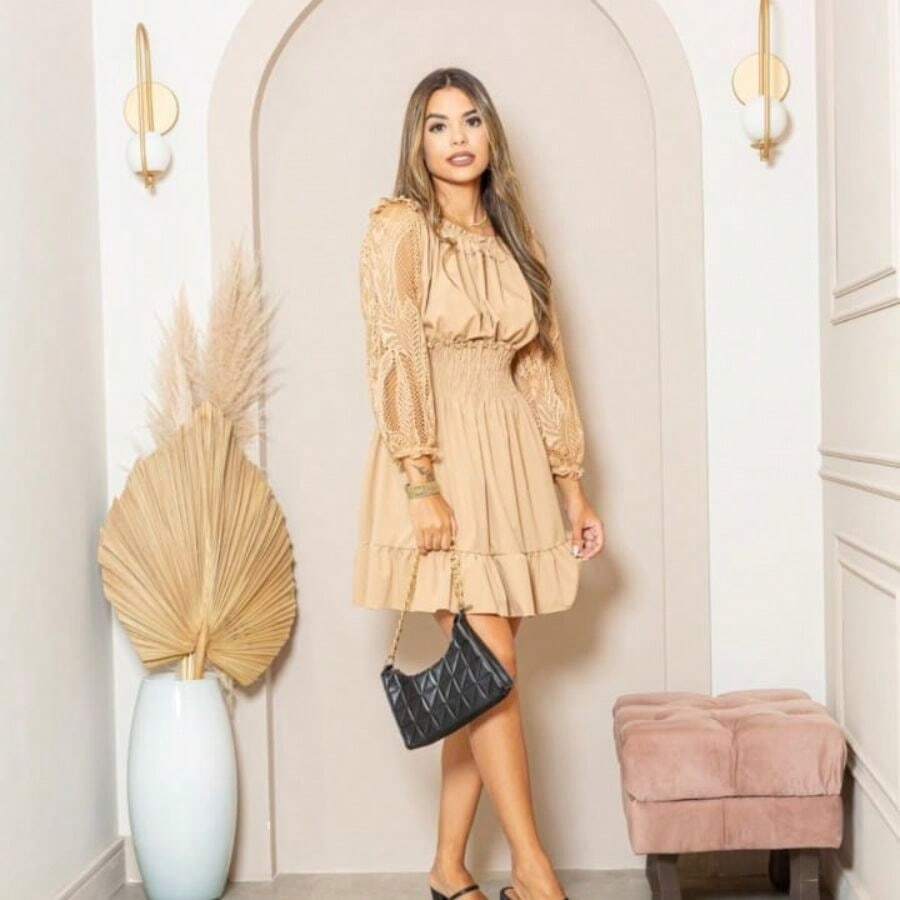 Women's Dress In Lastex With Long Puffed Lace Sleeves - Màu be - Xem 1