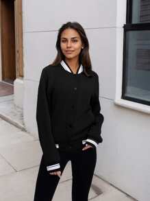 Women's Lightweight Baseball Jacket - Versatile Stitching Fabric Outerwear With Multi-Fabric Options And Unique Patterns - 黑3 - 查看 2