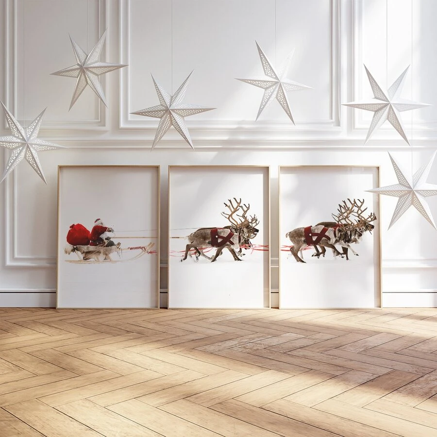 Set Of 3 Unframed Santa Sleigh Print Gallery Christmas Prints Wall Art, Rustic Holiday Decor, Aesthetic Room Decor, Waterproof Canvas Wall Art, Artwork Wall Painting For Gift,Bedroom, Living Room, Office, Bathroom, Home And Dormitory Decoration Home Decor Christmas Decorations