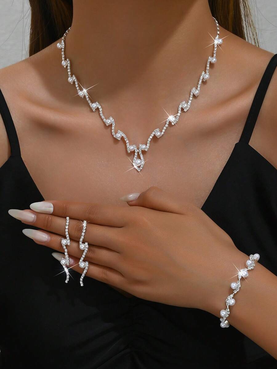 1 bộ trang sức hình chữ Z đơn giản bằng ngọc trai giả và đá giả, vòng cổ và vòng tay, phù hợp cho phụ nữ đeo hàng ngày/đám cưới/tiệc tùng (Không bao gồm hộp) - bộ ngọc trai - Xem 1