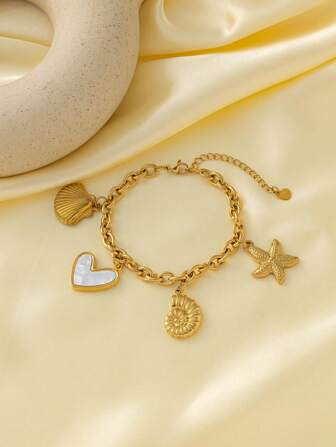 2 Stücke Edelstahl Strandfrisur Seestern & Muschel Charm Armband, Europäischer & Amerikanischer neue Sommer Serie 2024, Damen Favorit in Goldfarbe Schmuck
