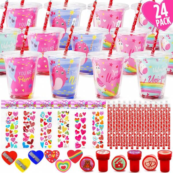 Valentines Day Gifts For Kids - 144count Valentines Day Stationery Gift With Cards Pencils Stickers Erasers Stampers Sharpener Cups Classroom Prize School Exchange Boys Girls Party Favors
