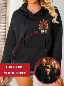 定制感恩节家庭连帽衫 - 个性化名字 - 秋季上衣、黑色上衣、冬季服装、感恩节女装、趣味火鸡连帽衫、女式上衣、送给她的礼物 - 黑色 - 查看 1