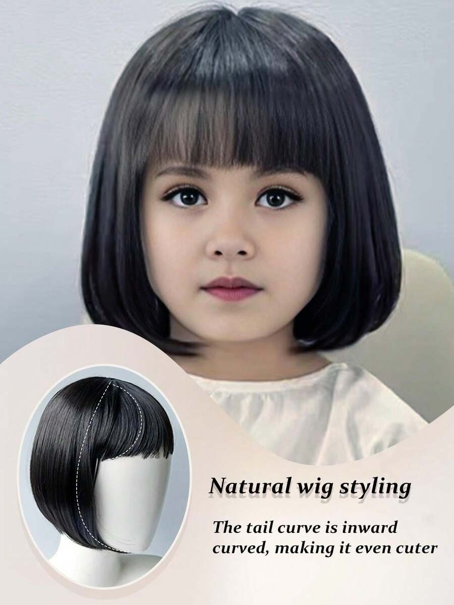 Hair Pieces And Wigs Black Straight Wigs For Kids Child Bangs Synthetic