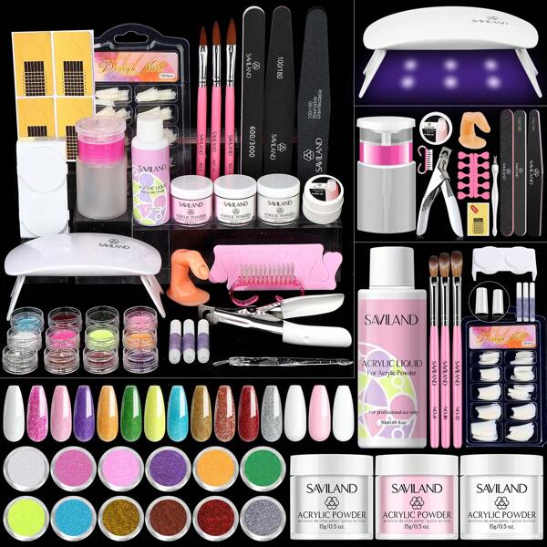 SAVILAND Saviland Acrylic Nail Kit For Beginners: Keratin Acrylic Powder Castor Oil Vitamin E Pure EMA Monomer Liquid Brush Clippers Nail Lamp Complete Tools Everything 100 Nail Tips Practice Home Starters