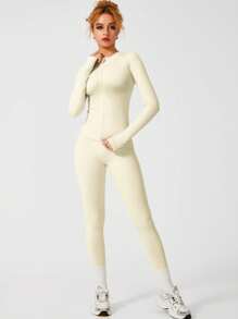 1 套女士时尚拉链长袖运动田径服、罗纹户外徒步打底衫套装、拉链圆领夹克运动服