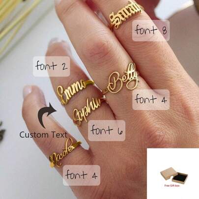 1PC Custom Name Rings For Women Men Personalized Name Ring Opening Adjustable Stainless Steel Gold Plated Ring Christmas Jewelry Gift For Her Mom Bridesmaid Gold Stylish, Fall Fashion, Vintage For Father's Day, For Weddings, For Daily Wear, For Teenagers, Junior High School Students, Middle School Students, High School Senior High School Students, College Students, University Students, Freshman, Sophomore, Underclassmen,Chic Autumn,Delicate Romance