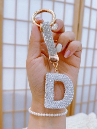 1 pieza Llavero con adorno de diamante con letra de la suerte, llavero de coche con cristal, llavero elegante