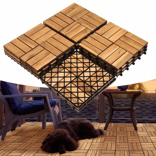 Cecaylie 11 Stück Holzfliesen Terrassenfliese 30x30cm pro Balkonfliesen für 1m² Terrassen und Balkon Garten mit Klicksystem und Drainage Klick-Fliese