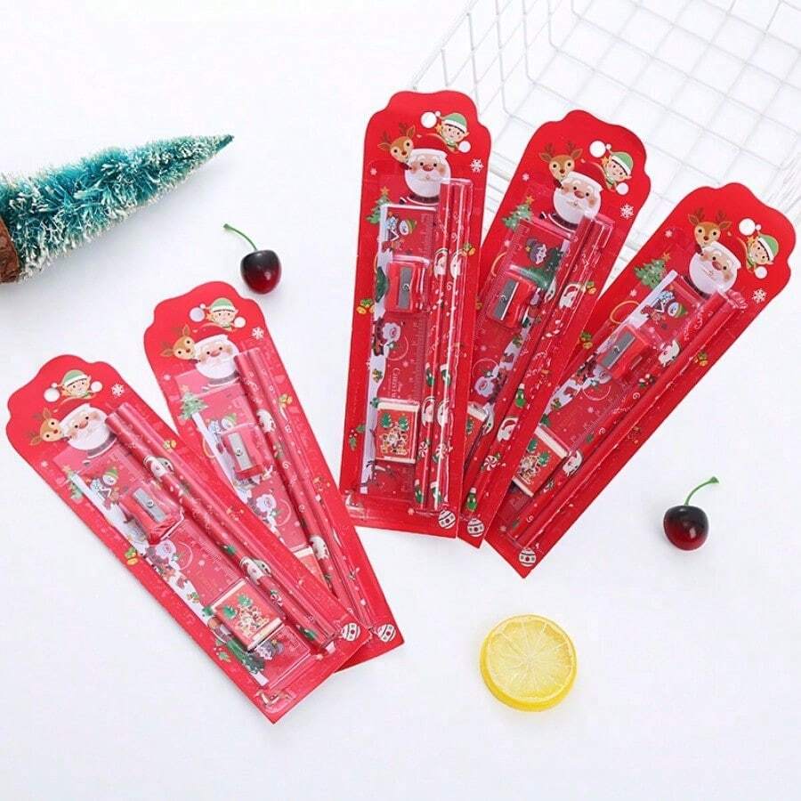 10pcs/Set Stationery Set Pencil Ruler Eraser Sharpener Set In Cartoon