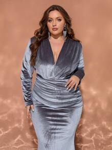 Plus Size Women V-Neck Ruched Long Sleeve Dress, Elegant For Autumn, Formal Evening Prom Dress, For Wedding Guest, Graduation, Dinner