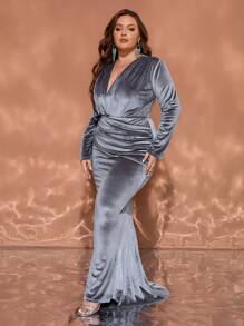 Plus Size Women V-Neck Ruched Long Sleeve Dress, Elegant For Autumn, Formal Evening Prom Dress, For Wedding Guest, Graduation, Dinner