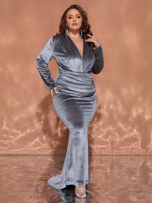 Plus Size Women V-Neck Ruched Long Sleeve Dress, Elegant For Autumn, Formal Evening Prom Dress, For Wedding Guest, Graduation, Dinner