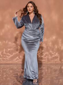 Plus Size Women V-Neck Ruched Long Sleeve Dress, Elegant For Autumn, Formal Evening Prom Dress, For Wedding Guest, Graduation, Dinner